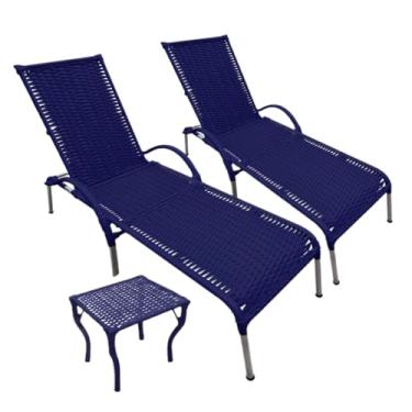 Imagem de Kit Espreguiçadeira com Mesa - 2 Cadeiras de Alumínio Reclináveis para Piscina, Praia e Varanda (Azul)