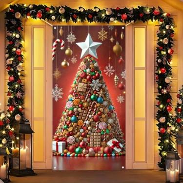 Imagem de BlissYard Capa de porta para decoração de Natal, 188 x 89 cm, capa de porta de árvore de doces de Natal, faixa de festa de fim de ano, para decoração de varanda e varanda, pano de fundo para casa