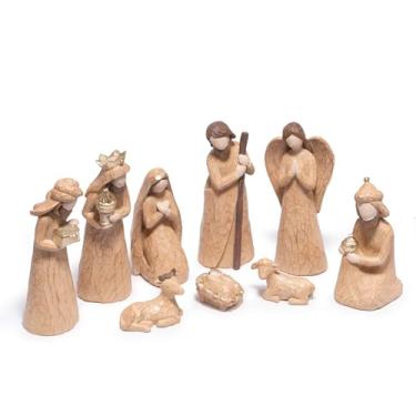 Imagem de Hodao Conjunto de 9 peças de presépio – Resina estilo arenito Sagrada Família, Três Reis Magos, Anjos e Animais – Creche de Natal em Bronzeado Neutro para Decoração de Casa Interior e Decoração de