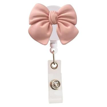 Imagem de Carretel de crachá retrátil, design de gravata borboleta rosa, suporte de crachá com clipe jacaré giratório para cartões de identificação, enfermeira professora funcionária