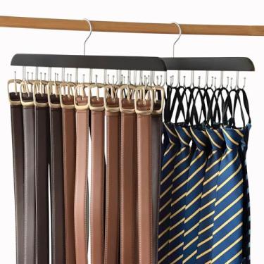 Imagem de TYLbeang Pacote com 2 cabides de cinto para armário, cabide regata com 20 ganchos de aço inoxidável para economizar espaço, cabide de sutiã de madeira para armário, armário, guarda-roupas (preto)