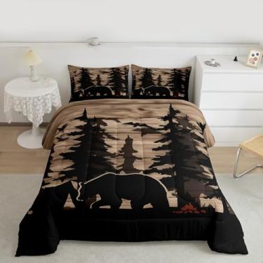 Imagem de Erosebridal Conjunto de edredom de cabana de fazenda, tamanho king, rústico, urso, para crianças, meninos, meninas, caça, acampamento, vintage, pinheiro, tábua de madeira, edredom