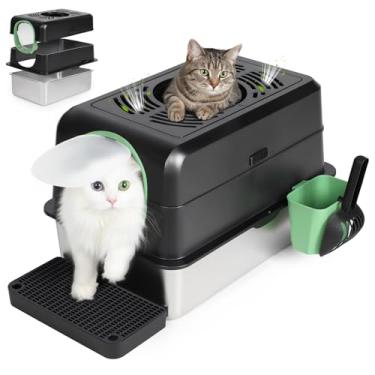 Imagem de Caixa de areia para gatos com tampa, caixas de areia removíveis fechadas extragrandes para gatos, capa de aço inoxidável, caixa de areia de metal gatinho de entrada superior com tampa. Gabinete