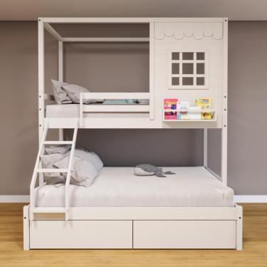 Imagem de Beliche Casinha Reta Casal/ Solteiro Com 02 Gavetas Madeira Maciça Branco Housin