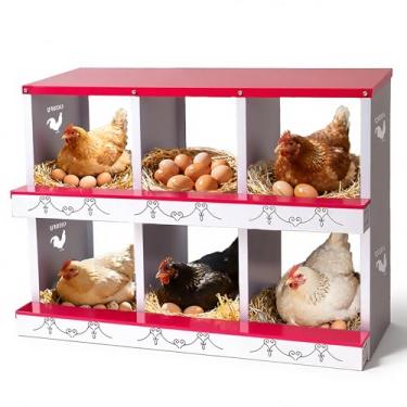 Imagem de COZOFU Caixa de aninhamento de galinha com 6 furos para galinhas poedeiras - coleta automática de ovos, caixas de encaixe de metal resistente com poleiro giratório para galinheiros, caixa de ninho de