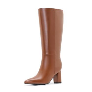 Imagem de Aizhenzm Botas de cano longo até o joelho para mulheres, plus size, zíper lateral, couro, salto grosso, bico fino, altura, Marrom, 11 Wide