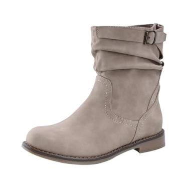 Imagem de Shoe'N Tale Botas femininas de cano médio, bico redondo despojado, salto baixo, com zíper lateral, Caqui, 38