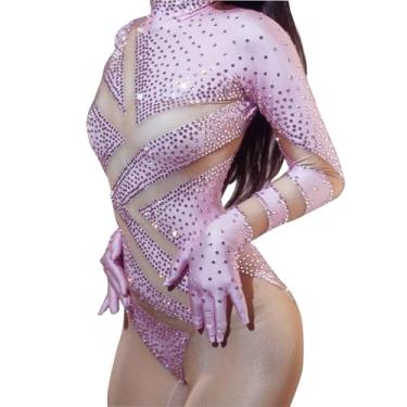 Imagem de Yoyomomozi Macacão sexy com strass estampado, manga comprida, aniversário, clube, festa, palco, dança, fantasia Drag Queen (rosa)