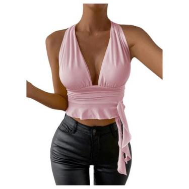 Imagem de Top curto feminino SOLY HUX, sexy, com decote em V profundo, rosa clar