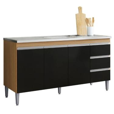 Imagem de Balcão Para Pia Andréia 160 Cm 3 Portas Amendoa Preto Ajl