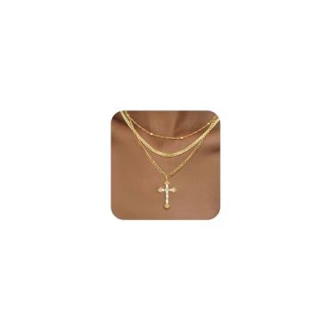 Imagem de Colar de cruz para mulheres, colares banhados a ouro real 14K em camadas delicados figaro, corrente empilhada, ouro, prata, moderno, pingente de cruz de zircônia cúbica, gargantilha, presente para