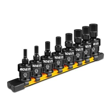 Imagem de BOEN Soquete de impacto de chave hexagonal universal de 8 peças, tamanho SAE de 1/5.1 cm (3/40.6 cm, 7/81.3 cm, 1/10.2 cm, 5/40.6 cm, 3/20.3 cm, 7/40.6 cm e 1/5.1 cm) com trilho de soquete, aço CR-MO