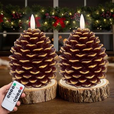 Imagem de AXYLEX Velas de pinho operadas a pilha, pinhas com controle remoto e temporizador, vela cintilante LED sem chama para decoração de Natal. H 14 cm, pacote com 2 (marrom-dourado)