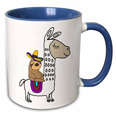 Imagem de 3dRose Caneca engraçada fofa preguiça com sombrero montando desenho de lhama branco - 325 ml, azul (mug_273492_6)