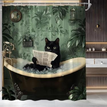 Imagem de HWSSHW Cortina de chuveiro de gato preto engraçado, animal fofo na banheira, folhas de plantas verdes, conjunto de cortina de banheiro com ganchos