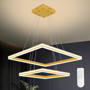 Imagem de Mccokaige Lustre de anel de LED dourado 2 anéis de lustres quadrados reguláveis com anel ajustável lustre de LED moderno luminárias contemporâneas para sala de estar de teto alto