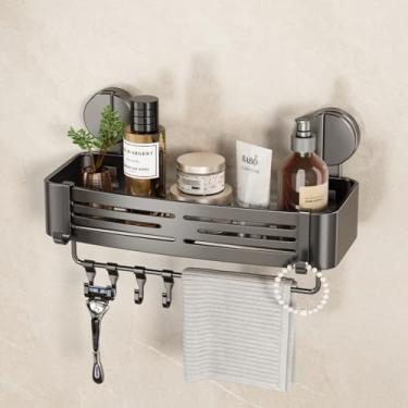 Imagem de VOLPONE Suporte de chuveiro, ventosa sem perfuração, prateleira de chuveiro, organizador de chuveiro, adesivo com ganchos de barra de toalha (pacote com 1, cinza fosco)