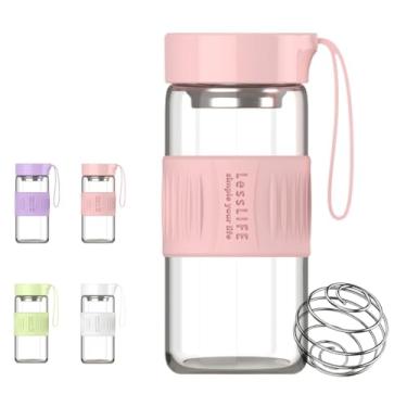 Imagem de HENGFEI Coqueteleira de vidro para misturas de proteína, coqueteleira de vidro de 473 ml com alça de transporte de silicone, coador e bola agitadora (salmão)