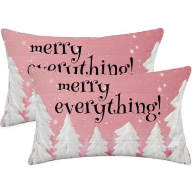 Imagem de Conjunto de 2 capas de almofada lombar de Natal 30,5 x 50,8 cm, estampa dupla face, rosa e branco, fronhas decorativas com citação Merry Everything para sofá