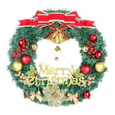 Imagem de Fylsyd Guirlandas de Natal para porta da frente, guirlanda de Natal artificial com laço, sinos, frutas vermelhas, flores douradas e placa de decoração de férias, guirlandas de inverno para lareira