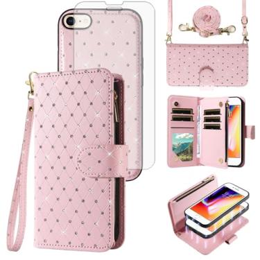 Imagem de Capa carteira compatível com iPhone 7/8/SE 2020/2022 com zíper para celular e película protetora de tela com glitter flip para iPhone7 iPhone8 7s 8s i SE2020 SE2022 2/2nd/3/3rd mulheres meninas ouro