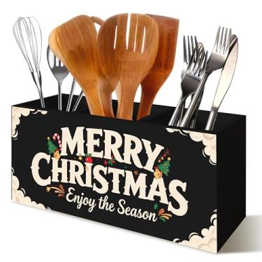 Imagem de YTRGI Suporte de utensílios de cozinha de madeira, decoração de cozinha de Natal, festival, árvore de Natal, bengala doce, organizador de utensílios de cozinha de madeira para bancada, prateleira