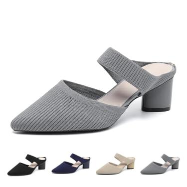Imagem de Sandália feminina de malha bico fino salto grosso moda malha respirável bico fechado frente única salto bloco slip on elegante verão casual trabalho escritório casamento sandálias de salto, Cinza, 40