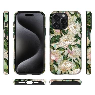 Imagem de ilikediy Capa híbrida para iPhone 15 Pro, 2 camadas, rígida, silicone, padrão de proteção - flores de peônia de vitral