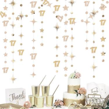 Imagem de Decorações de aniversário de 17 anos de ouro champanhe, número 17, círculo, guirlanda de estrelas, flâmula, pano de fundo para meninas e meninos, brinde a 17 anos, aniversário de 17 anos, incrível
