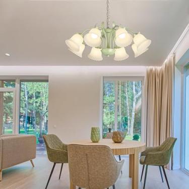 Imagem de Lustre francês E27 estilo campestre floral criativo com cúpula de vidro creme, luminária pendente para sala de estar, sala de jantar, bar, local de entretenimento, luminária decorativa retrô