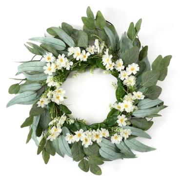 Imagem de BOMAROLAN Guirlanda de margarida branca primavera verão para porta da frente, guirlanda de folhas de eucalipto artificial de 55 cm para decoração interna e externa, casa de fazenda, parede, janela