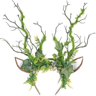 Imagem de MOSTORY Orelha de rena ramo – Faixa de cabeça de orelhas de chifres verdes da floresta para fantasia feminina, faixa de cabelo de veado floresta, acessórios de fada para cosplay renascentista renfaire