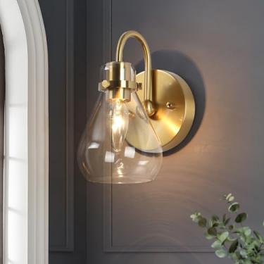 Imagem de KSANA Arandela de parede moderna, 1 lâmpada de lágrima de vidro transparente montada na parede luminárias galvanizadas de cobre natural arandela para quarto, sala de estar, corredor, 21,6 cm A