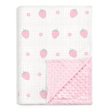 Imagem de Cobertores de bebê de morango para meninas, cobertores macios com musselina e lã pontilhada nas costas 76 x 101 cm, colcha de cama para recém-nascidos, bebês e crianças pequenas