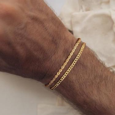 Imagem de Pulseiras masculinas empilháveis para homens corda cubana conjunto de pulseiras de corrente 19/21 cm joias masculinas, One Size, Aço inoxidável, Sem Pedra Preciosa