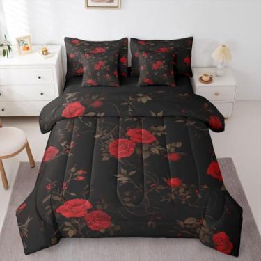 Imagem de Erosebridal Jogo de cama King com 7 peças, rosa vermelha, romântico, dia dos namorados, floral, vintage, com edredom