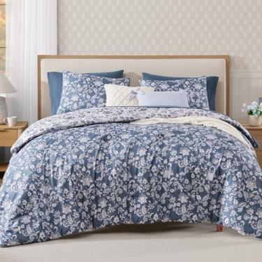 Imagem de BLOOMHAVEN Conjunto de edredom King com 7 peças, floral, azul Oxford, para todas as estações, cama em uma bolsa, edredom de flores botânicas, lençóis, fronhas e fronhas