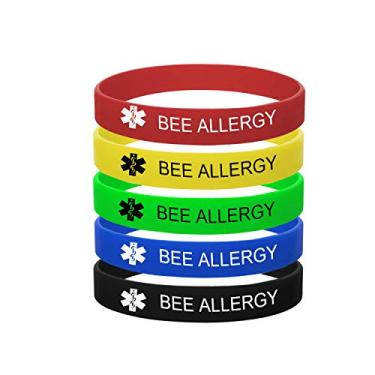 Imagem de Pulseira MZZJ com 5 cores gravada personalizada ID de alerta médico pulseiras de alergia a drogas alimentares, pulseira de sobrevivente com identificação de borracha 100% silicone, pulseira de contato de emergência, pulseira de diabetes, 14 cm a 20 cm