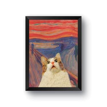 Imagem de quadro decorativo o grito engraçado gato arte moderna moldura preta 30x40 cm decoracao parede tela divertida impressão em alta definicao