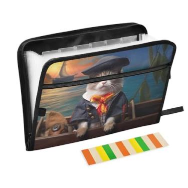 Imagem de Wassud Gato pirata (2) 13 bolsos organizador de arquivos sanfonado pastas de arquivos expansíveis com abas e adesivos, organizador de pastas de documentos de recibo de papel tamanho carta A4 para