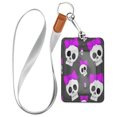 Imagem de Wassud Crânios com laços de couro PU porta-crachá com cordão, porta-cartão de identificação para trabalho, cordão de pescoço com compartimentos para cartões de crédito, funcionários, estudantes, 39,9