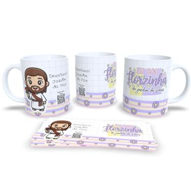 Imagem de Caneca Devocional Jardim da Paz, Branca com Listras Rosa e Verde, Flores, Tema Religioso (23005)