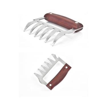 Imagem de Separador de Carne Garra para Churrasco 2 Peças Triturador Multifuncional em Aço Inoxidável com Cabo Ergonômico Madeira