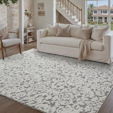 Imagem de WondRg Tapete felpudo lavável cinza e marfim 5 x 8 para sala de estar, floral, neutro, macio, antiderrapante, durável, tradicional, vintage, quarto, escritório, sala de jogos, sala de jantar, sala de