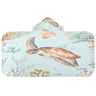 Imagem de Burbuja Toalha de banho com capuz de tartaruga marinha em aquarela para crianças, toalha de praia de pelúcia macia absorvente para meninas e meninos 3-10 anos, 61 x 127 cm