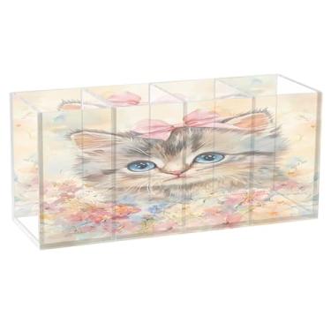 Imagem de Burbuja Porta-canetas de acrílico para gatos com flores, 4 compartimentos, suporte de lápis transparente para pincéis de maquiagem, acessórios de mesa de escritório em casa