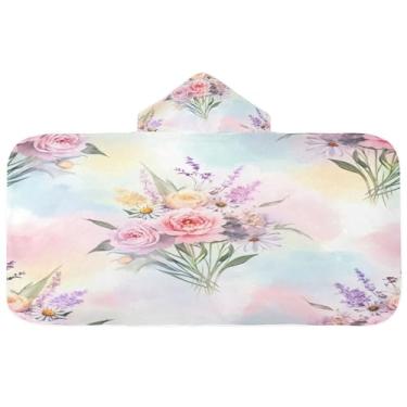 Imagem de Burbuja Toalha de banho com capuz de flores pastel para crianças, toalha de praia de pelúcia macia absorvente para chá de meninas e meninos 3-10 anos, 61 x 127 cm