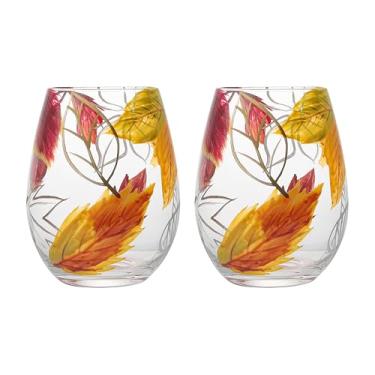 Imagem de NIRA.Z Conjunto de 2 taças de vinho sem haste pintadas à mão, 480 ml, copos de vinho de design exclusivo, ideais para presente, dias especiais, férias, festa, ação de graças, outono, decoração de