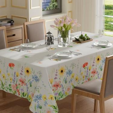Imagem de XCHI Toalha de mesa retangular de primavera com flores silvestres em aquarela para o verão, toalhas de mesa laváveis para decoração de festa em casa 132 x 182 cm