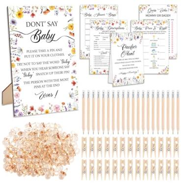 Imagem de 327 peças de suprimentos para chá de bebê de flores silvestres para meninas ou meninos, inclui 200 cartões de atividades, 25 lápis, 1 placa de bebê Don't Say Baby 50 prendedor de roupa, 1 placa de